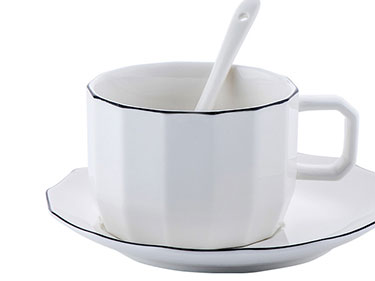 Promotional elegant ceramic cup and saucer with logo hexagon cappuccino ceramic coffee mugs with spoon