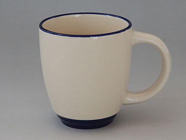 Custom two-tone wide mouth 11oz stoneware coffee mug with blue spout