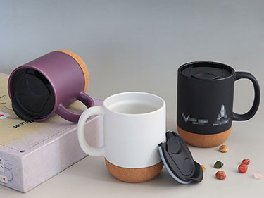 Custom 11oz black cork bottom ceramic coffee mug with lid factory
